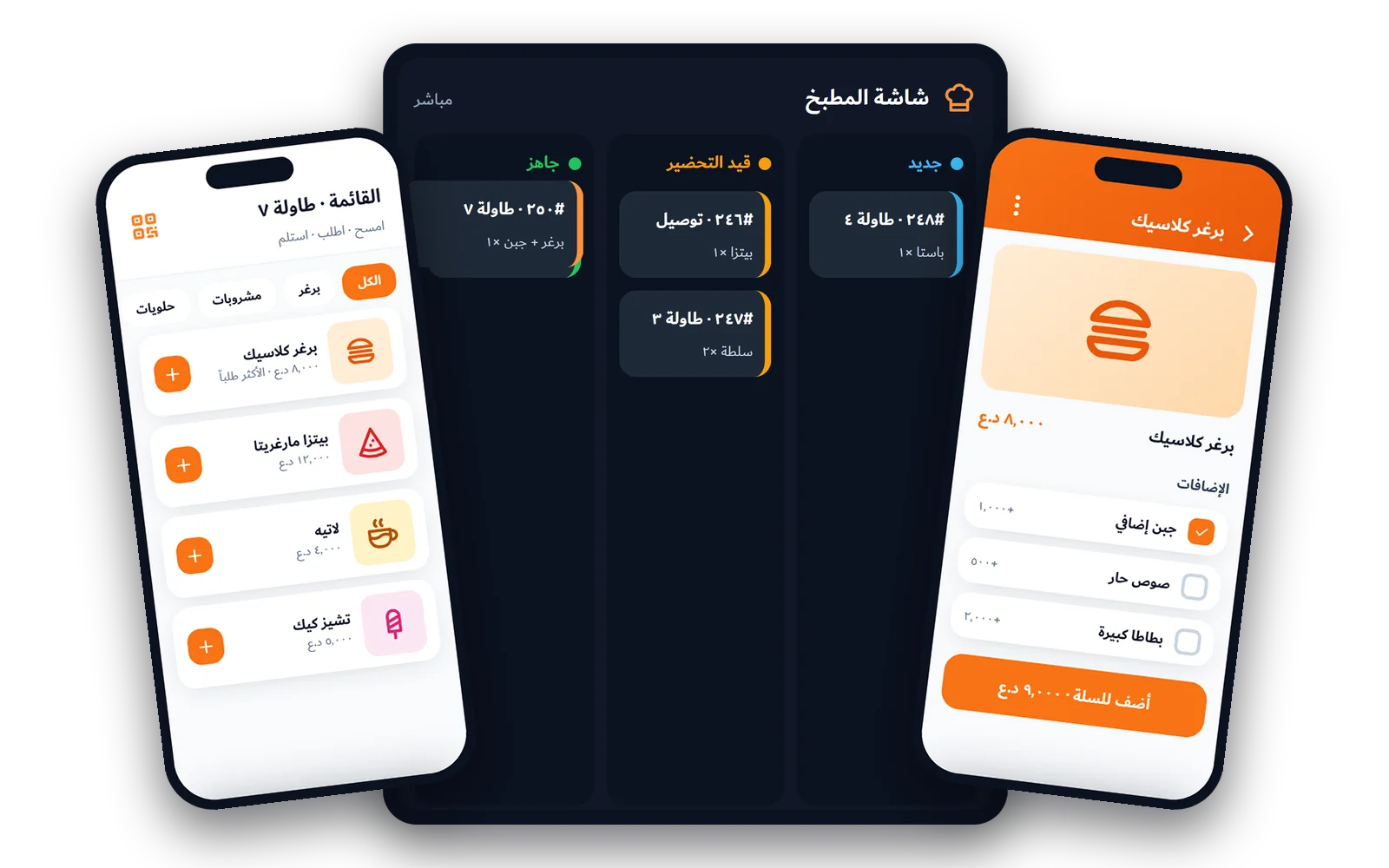 المنيو الإلكتروني وشاشة المطبخ وتفاصيل الطلب في نظام المطاعم