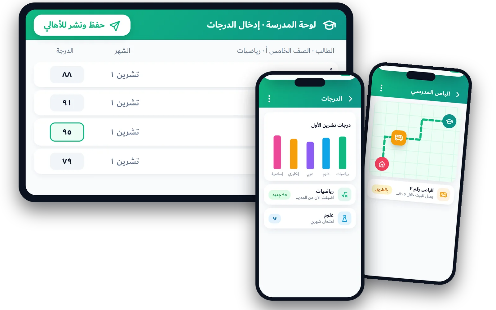 لوحة المدرسة لإدخال الدرجات مع تطبيق ولي الأمر وتتبّع الباص
